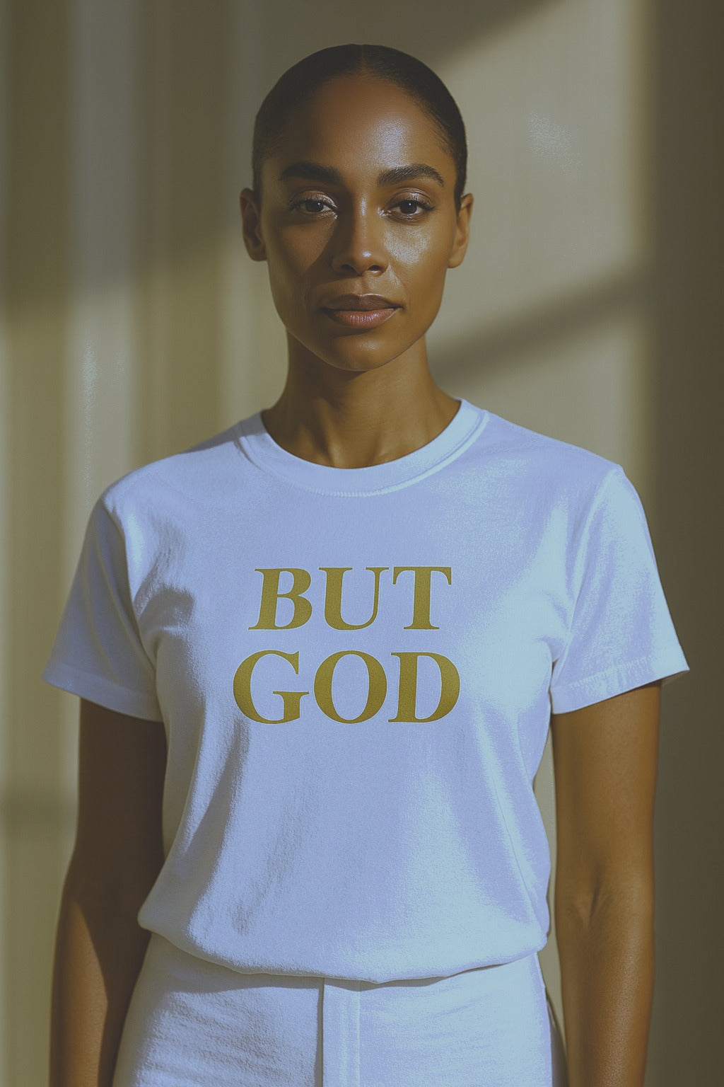 Woman wearing white “BUT GOD” Christian t-shirt with metallic gold print against a neutral background