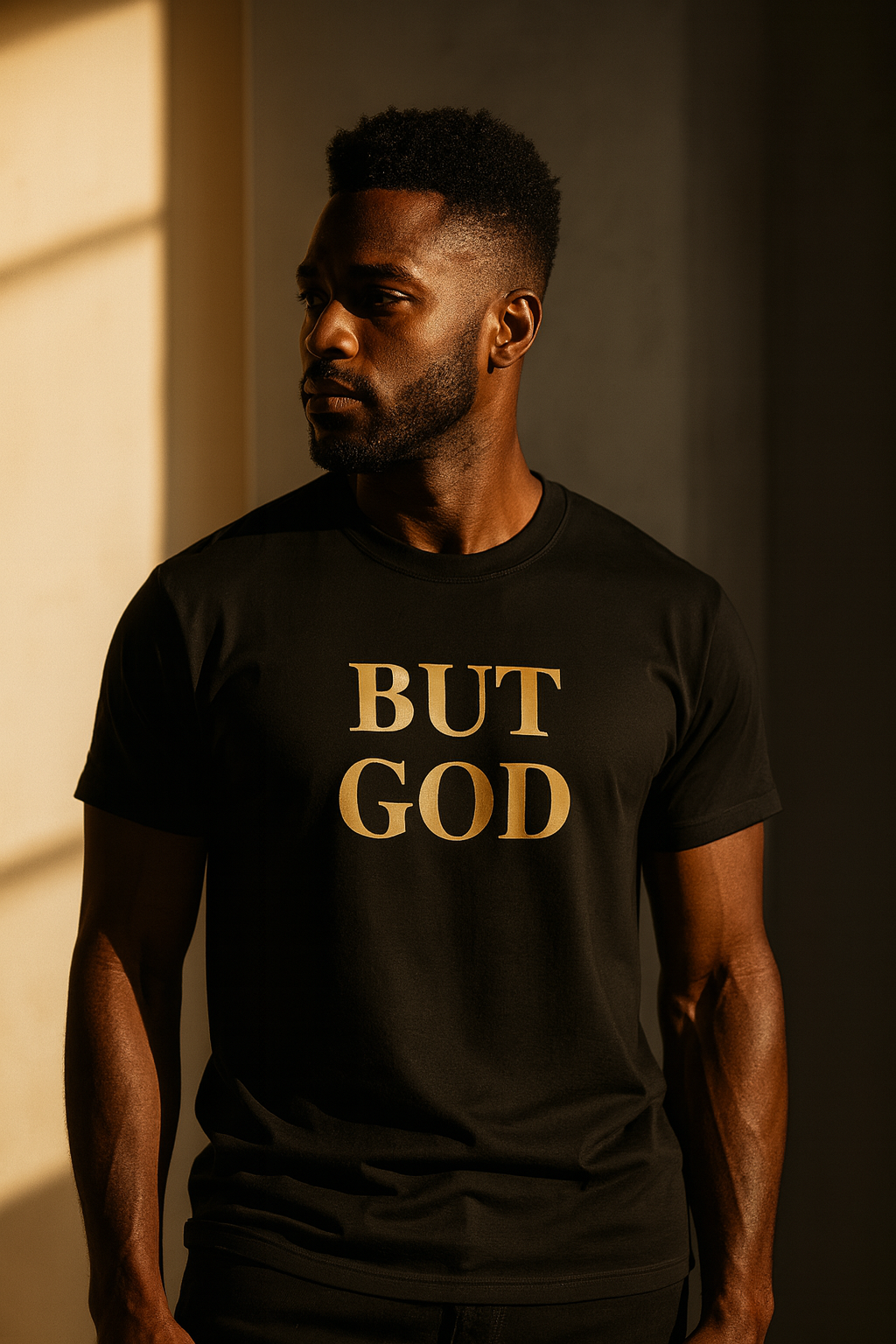 Man wearing black “BUT GOD” Christian t-shirt with metallic gold print against a warm-toned wall