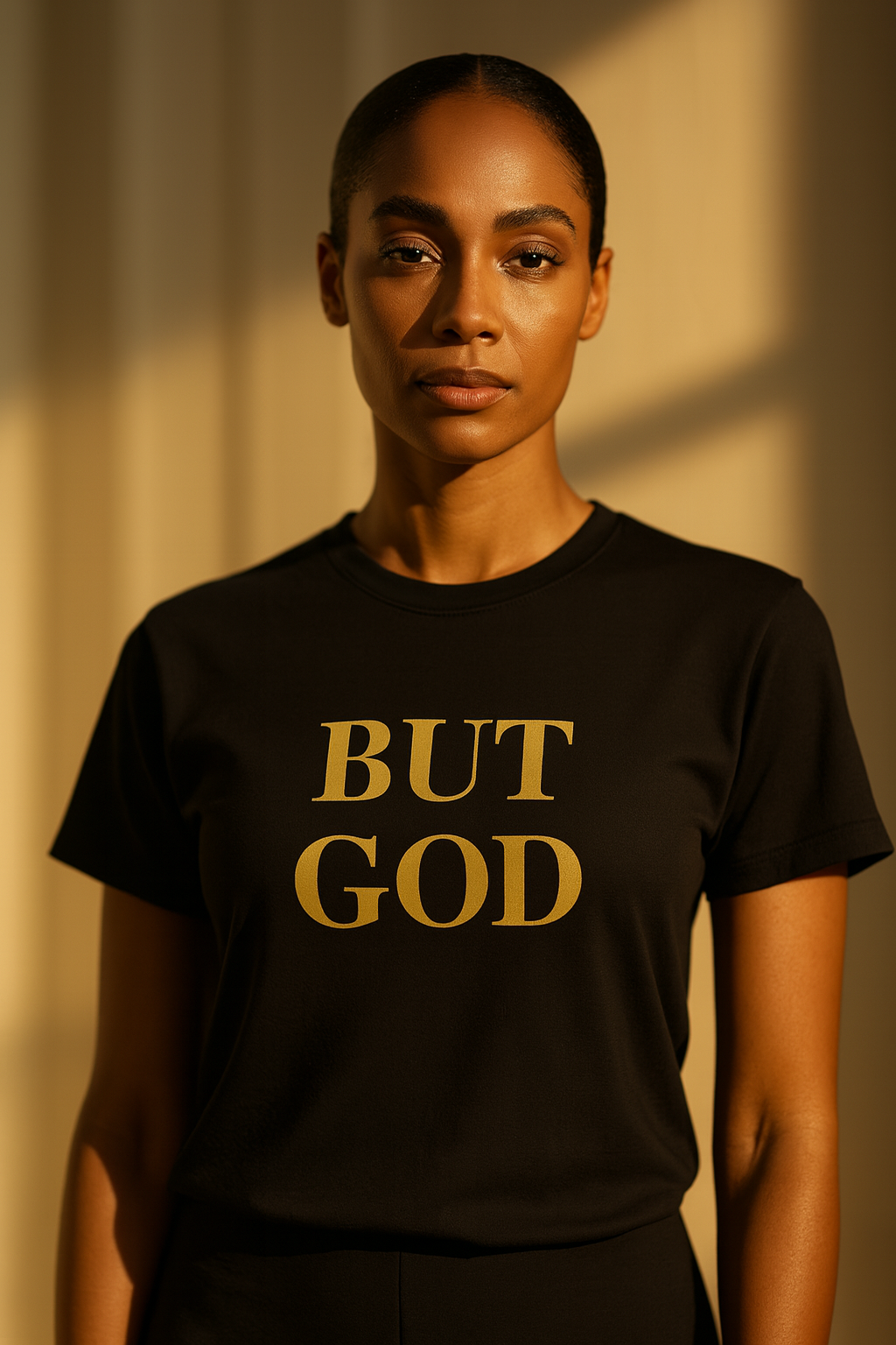 Black “BUT GOD” Christian t-shirt with metallic gold print, on-model studio photo